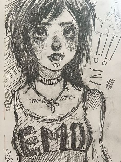 Art Sketches Pencil People, Emo Girl Drawing Sketches, Gorey Art Style, Emo Draw Sketches, Emo Sketches, Draw Ideas Easy, Emo Drawing, Simply Draw, Sketch Page