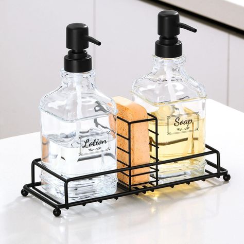 Kusmil Glass Soap Dispenser Set, Contains Hand Soap and Dish Soap Dispenser(Black & White) Dish Detergent Dispenser Ideas, Kitchen Sink Organization Soap Dishes, Sink Soap Organization, Mouthwash Dispenser Ideas, Kitchen Soap Dispenser Ideas, Middle Space, Hand And Dish Soap Dispenser, Soap Dispenser Bathroom, Soap Dispenser Set