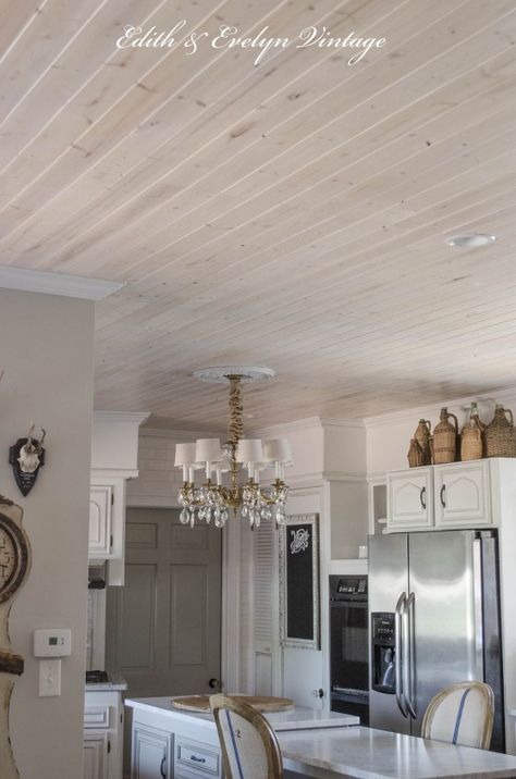 ceiling decorating ideas - planked ceiling with white pickling finish from Edith & Evelyn Vintage Covering Popcorn Ceiling, Wood Plank Ceiling, Wooden Ceiling Design, Remodel House, Plank Ceiling, Popcorn Ceiling, Wooden Ceiling, Wood Ceiling, Kitchen Ceiling