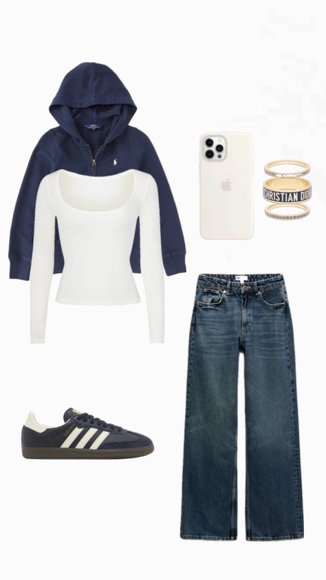 Blue Basic Outfit, Navy Blue Sweatpants Outfit Winter, Navy Zip Up Outfit, Cute Navy Blue Outfits, Navy Blue Outfit Winter, Styling Dark Wash Jeans, Outfits With Navy Blue Shirt, Jeans Ideas Outfit, What To Wear With Dark Blue Jeans