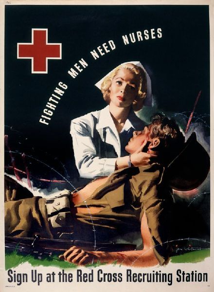 Poster of a Red Cross nurse helping a soldier that is aimed to recruit more nurses. History Of Nursing, Vintage Nursing, Scrub Collection, Red Cross Nurse, Ww2 Posters, Wwii Posters, Military Poster, Army Nurse, Nurse Art