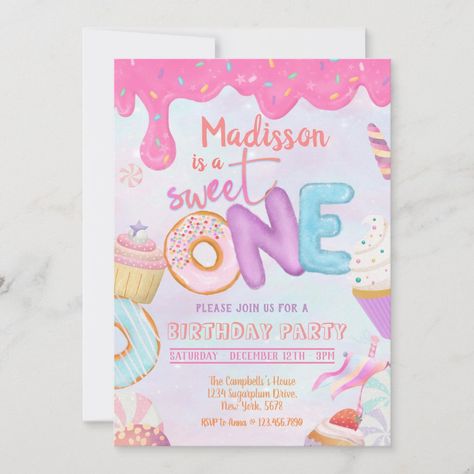 Birthday Color Theme, Candyland Invitations, Donut Birthday Party Invitations, Candy Theme Birthday Party, Candyland Theme, Cute Birthday Party, Birthday Donuts, Pink Donut, Donut Birthday