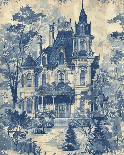 #BlueToile #VintageManorHouse #Early1900s #CreamBackground #VintageAesthetic #Classic #4:5AspectRatio #TheCandie Vintage Blue Prints, Blue Aesthetic Wall Prints, Victorian House Illustration, Blue Cream Aesthetic, Blue And Cream Aesthetic, Blue Victorian Aesthetic, Vintage Sketches Aesthetic, Navy Blue And White Aesthetic, Vintage Blue Aesthetic