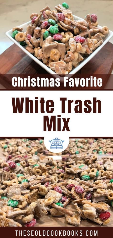 Christmas Trash Mix Recipes, Trash Mix Recipe, Christmas Trash Recipe, Chocolate Chex Mix Recipes, Chocolate Covered Candy, White Chocolate Snack Mix, Almond Bark Recipes, Christmas Bark Recipes, Chocolate Cereal