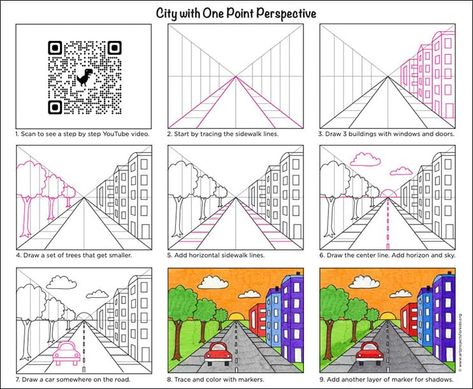 Easy Tutorial for a City with One Point Perspective Drawing Perspective Step By Step, 1 Point Perspective Drawing, Perspective Lessons, 1 Point Perspective, Perspective Drawing Lessons, One Point Perspective, Art Worksheets, Point Perspective, Perspective Art