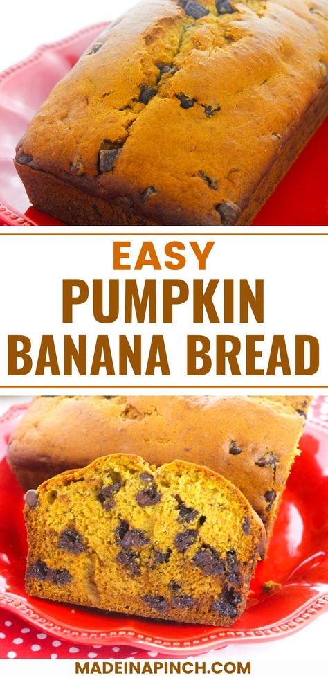 Delight in the flavors of fall! Perfectly moist and packed with flavor, Chocolate Chip Pumpkin Banana Bread offers the perfect balance between the richness of pumpkin puree and the natural sweetness of mashed bananas. It's super easy to make, addictively delicious, and Banana Pumpkin Chocolate Chip Bread, Mashed Banana Recipes, Pumpkin Banana Bread Recipe, Pumpkin Banana Bread, Moist Pumpkin Bread, Pumpkin Chocolate Chip Bread, Pumpkin Banana, Best Baking Recipes, Recipes Family