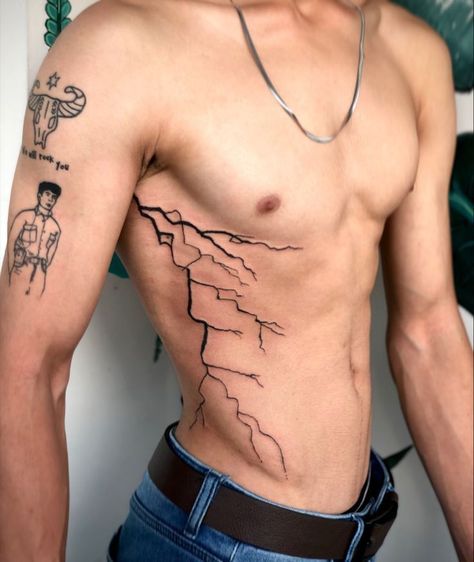 Cool Tats Men, Men Lighting Tattoo, Arm Tattoo Lightning, Lightning Bolt Tattoo Stomach, Lightning Tattoo On Ribs, Lightning Tattoo Side Rib, Lightning Side Tattoo, Lighting Chest Tattoo, Men Lightning Tattoo