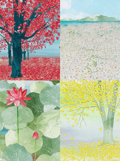 Spring Illustration Art, Seasons Aesthetic, Spring Illustration, Aesthetic Poster, October 23, Autumn Summer, Summer Fall, Illustration Art, Fall Winter