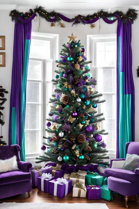 Purple Teal Christmas Tree, Purple Room Decorations, Purple Christmas Decor, Christmas Tree Purple, Teal Christmas Decorations, Purple Christmas Tree Decorations, Teal Christmas Tree, Christmas Tree Colorful, Orange Christmas Tree