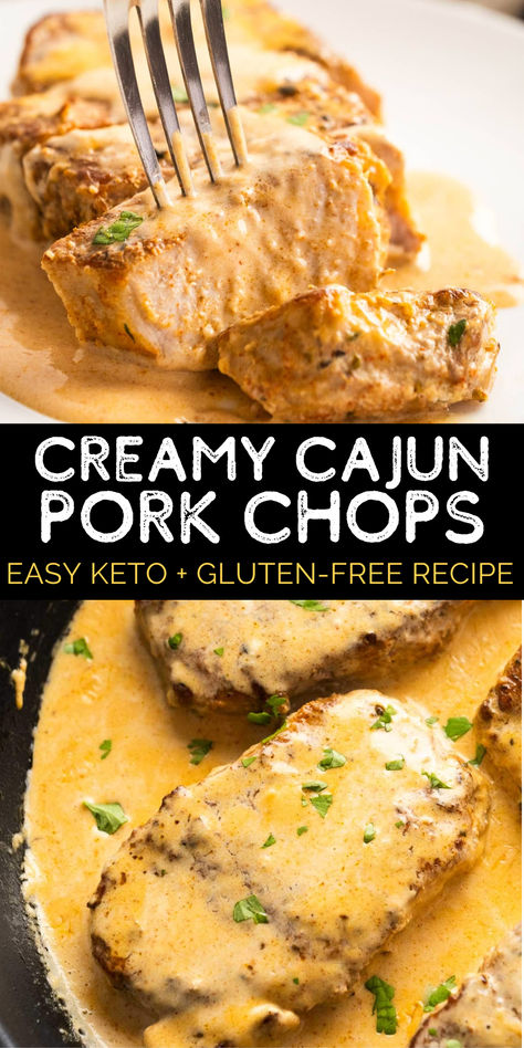 You'll love these Creamy Cajun Pork Chops when you need a quick, low-carb dinner! Get the juiciest, thick-cut pork chops with a deliciously flavorful sauce in this easy one-pan recipe. Pork Chops With Cream Sauce, Keto Pork Chops And Gravy, Crock Pot Keto Pork Chops, Low Carb Meals Easy Dinners Pork, Keto Recipes Pork Chops, Low Carb Smothered Pork Chops, Healthy Easy Dinner Low Carb, Creamy Cajun Pork Chops, Keto Meal Recipes Dinner