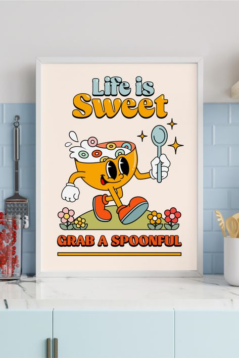 retro wall art Quirky Kitchen Decor, Dorm Room Posters, Whimsical Kitchen, Teen Wall Art, Cute Wall Decor, Life Is Sweet, Chic Chic, Apartment Art, Preppy Room Decor