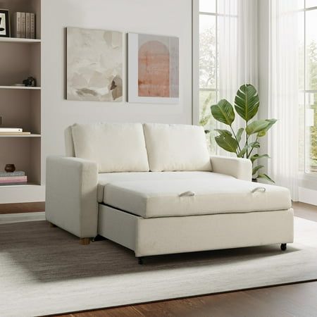 Make the most of your space with the Serta Tennyson Convertible Sofa. This multi-functional piece serves as a sofa, lounger, or bed depending on your needs. Its high-density foam cushions are packed with pocket coils that support you 24/7, and the backrest pillow provides extra comfort and convenience. The durability of the Tennysons wooden legs, solid hardwood frame, and soft ivory boucle fabric upholstery ensure that this convertible sofa is here to stay. Color: White. Sofa Bed Guest Room, Sofa Lounger, Sofa Review, Convertible Sofa Bed, Inspire Me Home Decor, The Trinity, Convertible Sofa, Boucle Fabric, Full Bed