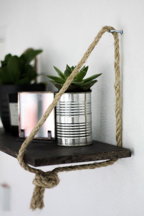 Diy Shelves Design, Diy Shelves Ideas, Hanging Rope Shelves, Diy Floating Shelves, Rope Shelf, Diy Hanging Shelves, Rope Shelves, Floating Shelves Diy, Diy Simple