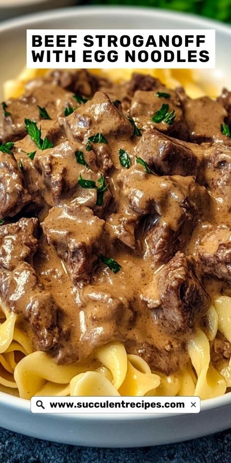 Indulge in this Creamy Beef Stroganoff with Egg Noodles! The rich, velvety sauce paired with tender beef and egg noodles creates a dish everyone will love. Beef And Egg Noodles, Creamy Beef Stroganoff, Classic Beef Stroganoff Recipe, Best Beef Stroganoff, Beef Stroganoff Easy, Fast Dinner Recipes, Stroganoff Recipe, Winter Dinner, Tender Beef