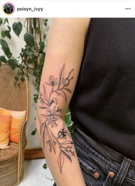 Floral Tattoo Around Elbow, Floral Elbow Tattoos For Women, Side Of Elbow Tattoo, Elbow Flower Tattoos, Side Elbow Tattoo, Foliage Tattoo, Inner Elbow Tattoos, Tattoo Elbow, 2023 Tattoo