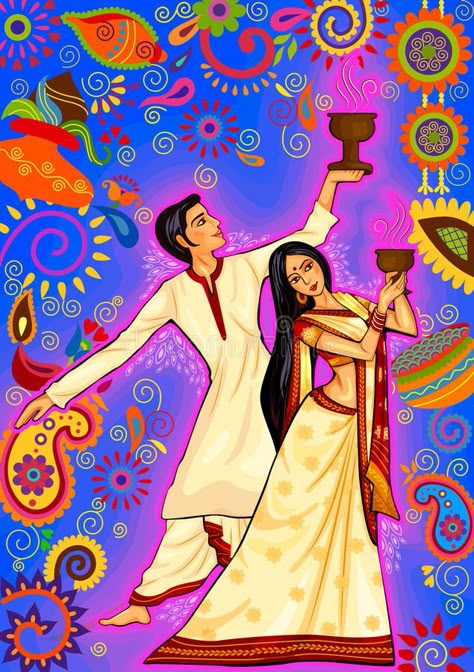 Couple performing Dhunuchi dance of Bengal for Durga Puja in Indian art style royalty free illustration Bengali Durga Puja Drawing, Bengali Art Culture Illustration, Cultural Diversity Poster, Dhunuchi Dance, Bengali Art Culture, Bengali Dance, Indian Dance Forms, India Illustration, Dussehra Celebration