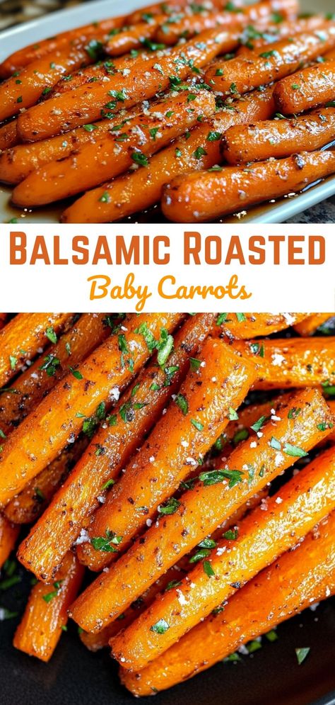 Enjoy the sweet and tangy flavors of Balsamic Roasted Baby Carrots! This easy recipe combines fresh baby carrots with balsamic vinegar for a delicious side dish. Perfect for family dinners or gatherings, these roasted carrots are healthy, flavorful, and a great way to add color to your plate. Try it today for a tasty veggie treat! Roasted Carrots Oven Balsamic Vinegar, Fresh Cooked Carrots, Roasted Carrots Sweet, Cooked Carrots Recipe Healthy, Roasted Carrots Side Dish, Best Carrot Side Dish Recipe, Asparagus Carrots Recipes, Ways To Use Up Carrots, Balsamic Brussel Sprouts And Carrots