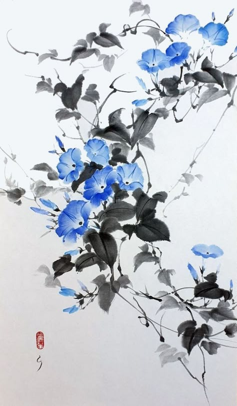 Ink Art Japanese, Chinese Ink Painting Flower, Sumi Ink Art, Sumi E Tattoo, Japanese Brush Painting, Japanese Art Simple, Japanese Flower Painting, Japanese Art Flowers, Ink Brush Art