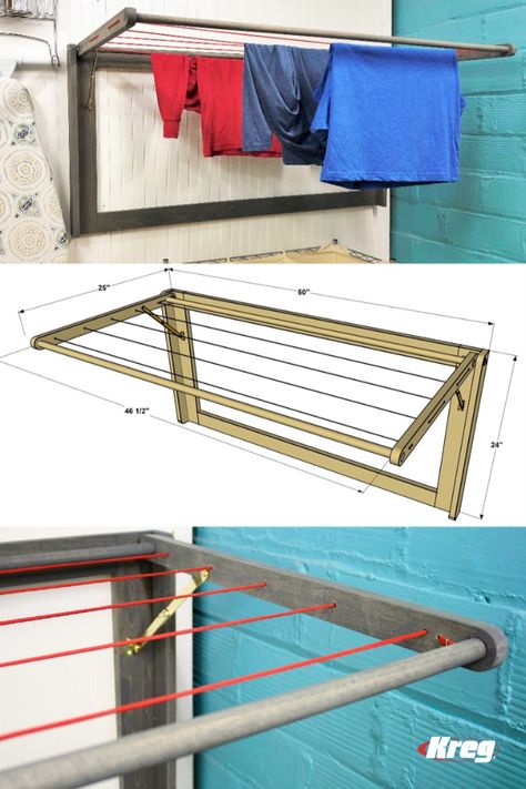 This wall-mounted laundry drying rack offers almost 20 feet of clothesline for air-drying clothes, all in a compact space. Plus, the rack folds flat against the wall so it’s out of the way when not in use. A couple of dowels and four boards, plus some clothesline, are all you need to build it. Free printable plans with how-to steps, tools & materials list, cut list & diagram. Save Now, Build Later! #laundryroom #dryingrack #DIY Outdoor Clothes Lines, Wall Mounted Clothes Drying Rack, Laundry Drying Rack, Laundry Rack, Diy Wand, Project Plan, Drying Rack Laundry, Clothes Hanging, Laundry Drying