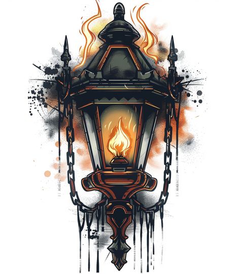 Tattoo Design of Old Street Lamp with Fire and Chains Lantern Tattoos, Old Street Lamp, Chain Drawing, Lantern Tattoo Design, Lamp Tattoo, Neo Traditional Tattoos, Lantern Tattoo, Chain Tattoo, Christmas Window Painting