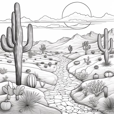 Desert Landscaping Drawing, Desert Sketch Drawing, Saguaro Cactus Drawing, Desert Landscape Tattoo, Desert Scene Tattoo, Desert Landscape Drawing, Sunset Coloring Pages, Desert Sketch, Desert Drawings