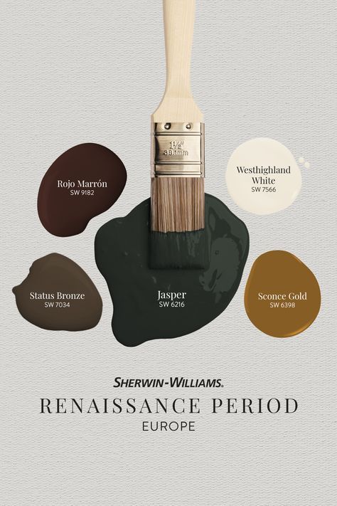 Bold sophistication meets revitalization in this European Renaissance palette. Perfect for an office or dining room, feel the inviting warmth as you enter the space. Tap this pin to order your FREE color chip samples. #sherwinwilliams #DIY #interiordesign #color #inspiration #paint #homeimprovement #homedecor #renaissance #Europe #vintage Spanish Style Interior Paint Colors, Shade Grown Paint Color, English Hyacinth Benjamin Moore, Sherwin Williams Carriage Door, Bold Dining Room Paint Colors, Music Room Paint Colors, Even Angels Cry Paint Color, Nook Paint Ideas, Gold Wall Color Paint