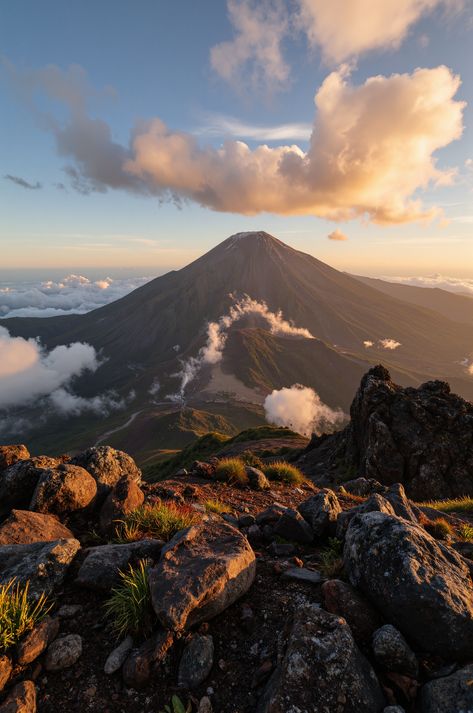 "Conquer Mount Apo, the Philippines' highest peak! Witness a majestic sunrise over a rugged volcanic landscape, with endemic flora and geothermal steam adding to the magic. This ultra-detailed photograph captures the raw beauty of Mindanao's wilderness. #MountApo #Philippines #Hiking" Mountain In Philippines, Mount Apo Philippines, Mount Apo, Golden Morning, Volcanic Landscape, Cloud Formations, Mountain Photography, Raw Beauty, Morning Light