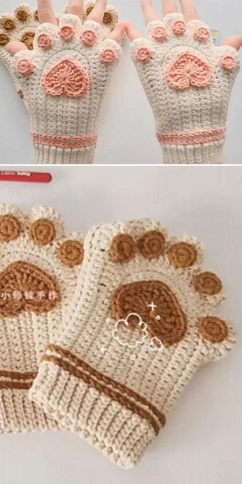 a pair of crochet fingerless socks with a paw print Crochet Mittens Pattern, Crochet Gloves Pattern, Gloves Pattern, Knitting Patterns Toys, Crochet Fingerless Gloves, Crochet Design Pattern, Crochet Mittens, Kawaii Crochet, Beginner Crochet Projects