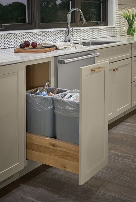 Double Trash Can, Wood Pantry Cabinet, Inside Kitchen Cabinets, Can Cabinet, Diamond Cabinets, Trash Can Cabinet, Lake House Kitchen, Small Kitchen Layouts, Wall Cabinets