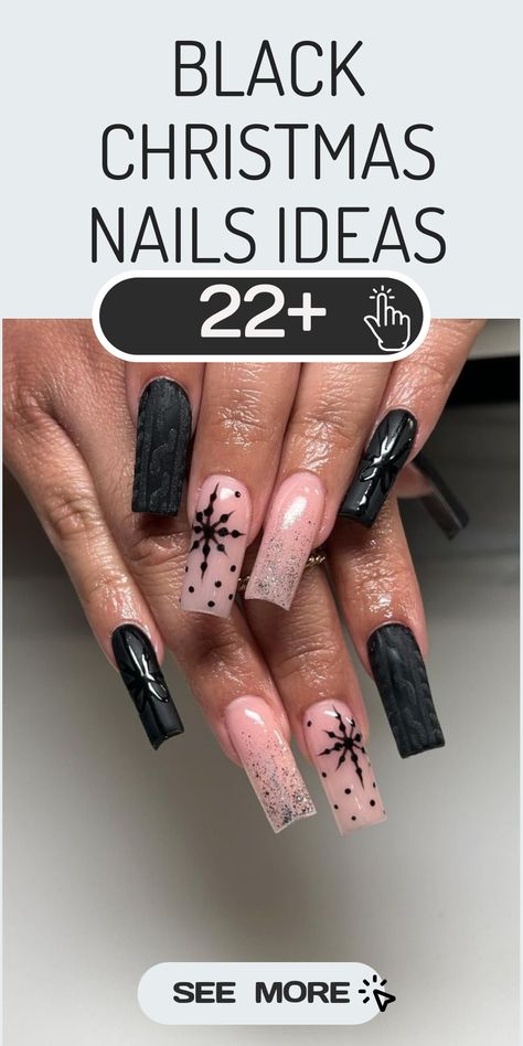 Discover the allure of a darker nail palette this holiday season with stunning black Christmas nails designs. Elevate your manicure with mysterious and glamorous ideas, from sophisticated black and gold patterns to delicate snowflakes against a midnight backdrop, accented with shimmering silver details. Transform your fingertips into the epitome of festive elegance and sophistication. Embrace a stylish twist on Christmas cheer with edgy yet chic nail art concepts that showcase your unique style. Black Finger Nail Designs, Black And White Nail Designs French Tips, Black Christmas Nails Square, Simple Black Christmas Nails, New Year’s Eve Nails Design Black, Dark Festive Nails, Dark December Nails, Black And Gold Holiday Nails, Corporate Goth Nails