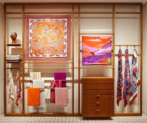 Clothing Boutique Interior, Scarves Store, Scarf Display, Hermes Store, Retail Store Interior Design, Clothing Store Interior, Store Design Boutique, Retail Interior Design, Scarf Shop