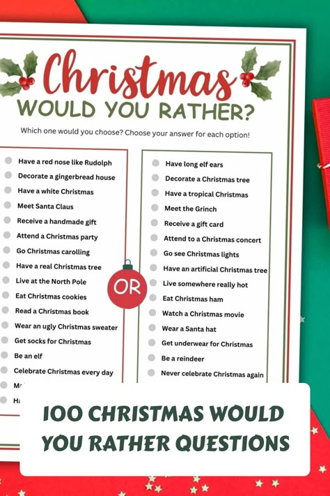 These Christmas Would You Rather questions are a fun way to get everyone talking over the holiday period with 100 Would You Rather Christmas Edition questions. Kids Christmas Would You Rather, Christmas Interview Questions For Kids, Would You Rather Questions For Kids Christmas, Holiday Would You Rather, Christmas Would You Rather Printable, Elf Would You Rather, Holiday Would You Rather For Kids, Would You Rather Questions Christmas, Would You Rather Christmas Edition