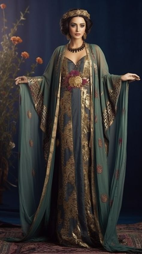 Middle Eastern Royal Clothing, Middle Eastern Clothing Women, Indian Haute Couture, Middle Eastern Traditional Clothing, Fantasy Arabian Clothes, Arabian Outfits For Women, Ancient Persian Clothing, Fae Clothing, Egyptian Traditional Clothing