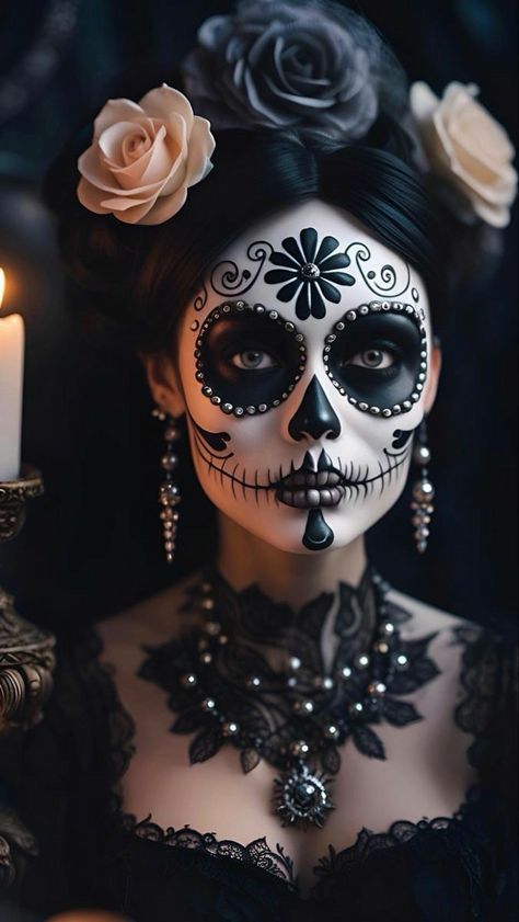 Makijaż Sugar Skull, Halloween Makeup Sugar Skull, Sugar Skull Artwork, Creepy Halloween Makeup, Halloween Makeup Diy, Den Mrtvých, Halloween Beauty, Sugar Skull Makeup, Amazing Halloween Makeup