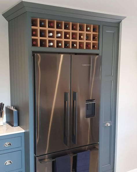 Cabinets Over Refrigerator Ideas, Storage Around Fridge Built Ins, Above Cabinet Wine Storage, Space Between Fridge And Cabinet, Hiding A Fridge, Cupboard Beside Fridge, Kitchen Fridge Freezer Ideas, Wine Storage Over Fridge, Wine Rack Above Fridge Ideas