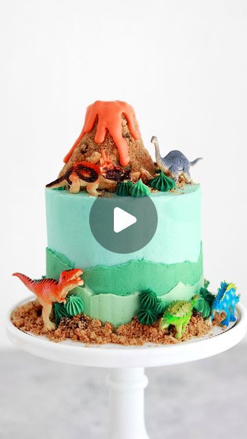 Dinosaur Birthday Cake With Volcano, Dino Cake With Volcano, Dinosaur And Volcano Cake, Dinosaur Lava Cake, Roar I’m 4 Birthday Cake, Dinosaur Volcano Birthday Cake, How To Make Dinosaur Cake, Dinosaur Sprinkle Cake, How To Make A Volcano Cake