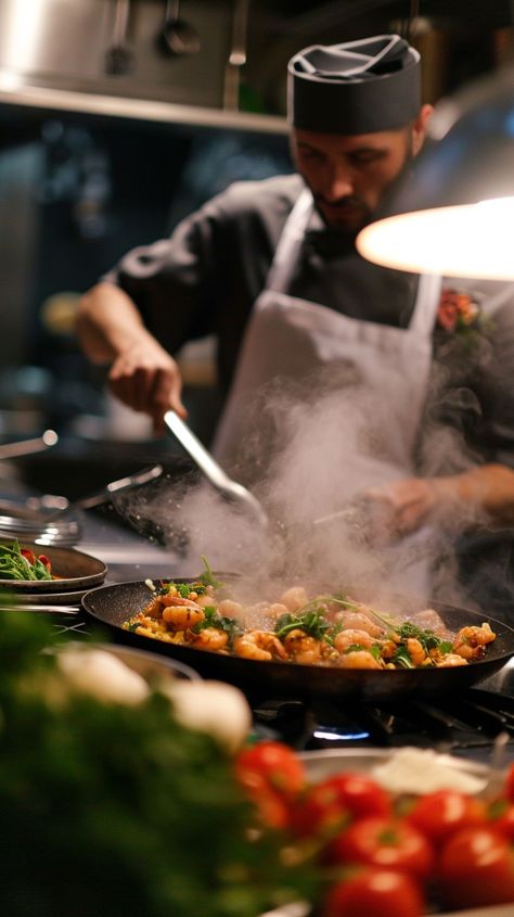 Chef Cooking Pasta: A professional chef is focused on perfecting his pasta dish in the bustling kitchen atmosphere. #chef #cooking #pasta #kitchen #steam #aiart #aiphoto #stockcake ⬇️ Download and 📝 Prompt 👉 https://ayr.app/l/WYQg Chefs Cooking Photography, Cook Photography, Chef Kitchen Photography, Kitchen Cook, Culinary Photoshoot Ideas, Chef Video, Pastry Chef Photography, Photoshoot Food Ideas, Chef Cooking Photography Kitchens