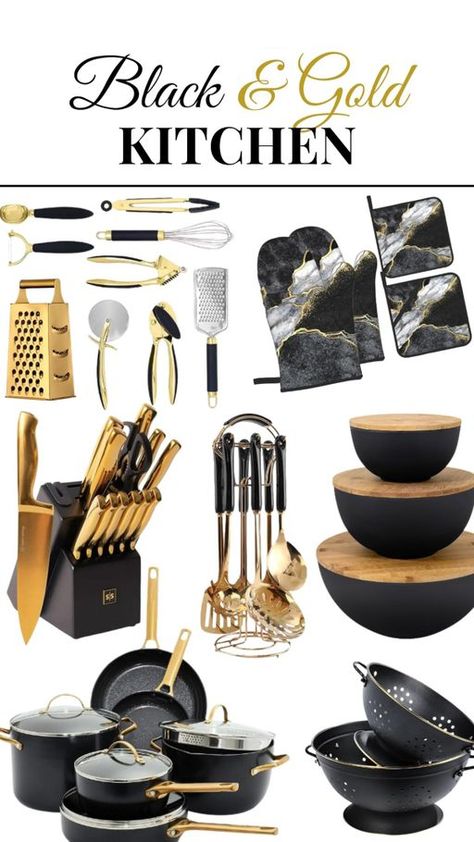 Step into your black and gold kitchen sanctuary! ⚫✨ Elevate your culinary space with exquisite essentials. Let every detail exude opulence and sophistication! 🍽️✨ @moon_store Black And Gold Kitchen Decor, Elegant Coasters, Black Gold Kitchen, Gold Kitchen Utensils, Black And Gold Kitchen, Poo Bear, Gold Utensils, Kitchen Sanctuary, Kitchen Decor Trends