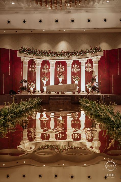 #decor #wedding #weddingdecor #weddingstage #royalwedding Valima Stage Decor, Royal Wedding Reception Decor, Grand Indian Wedding Decor, Royal Wedding Backdrop, Royal Wedding Theme Ideas, Red Reception Decor, Royal Wedding Stage, Reception Hall Decor, Sangeet Night Decor