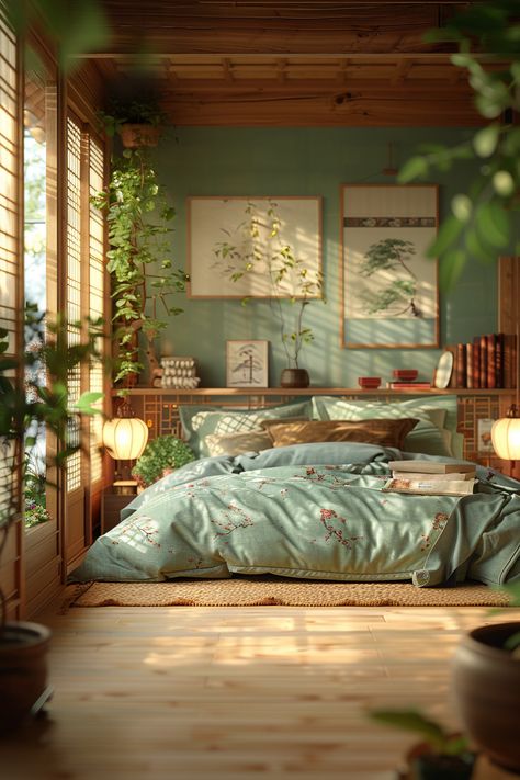 Bedroom Ideas Inspiration Cozy, Cozy Apartment On A Budget, Bed On A Platform, Bedroom Aesthetic Japanese, Bedroom In Basement Ideas, Cozy Retro Bedroom, Bamboo Apartment, Made Bed Aesthetic, Bedroom Green Bed