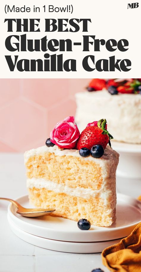 Fluffy, perfectly moist, undetectably gluten-free vanilla cake! SO easy to make with just 1 bowl and 9 ingredients required! Gluten Free Vanilla Cake Recipe, Dairy Free Vanilla Cake, Dairy Free Buttercream, Gluten Free Vanilla Cake, Df Recipes, Fluffy Cinnamon Rolls, Gluten Free Cake Recipe, Pizza Crusts, Dessert Board