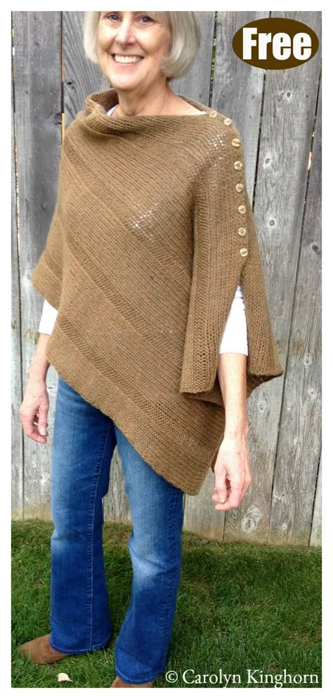 Easy Button Poncho Free Knitting Pattern #startknittingfreepattern #easyknittingpatterns #ponchopattern Knitted Poncho Patterns Free, Easy Poncho Knitting Pattern, Knitted Ponchos, Poncho Knitting, Poncho Pullover, Poncho Design, Poncho Patterns, Poncho Knitting Patterns, Knitting Fashion