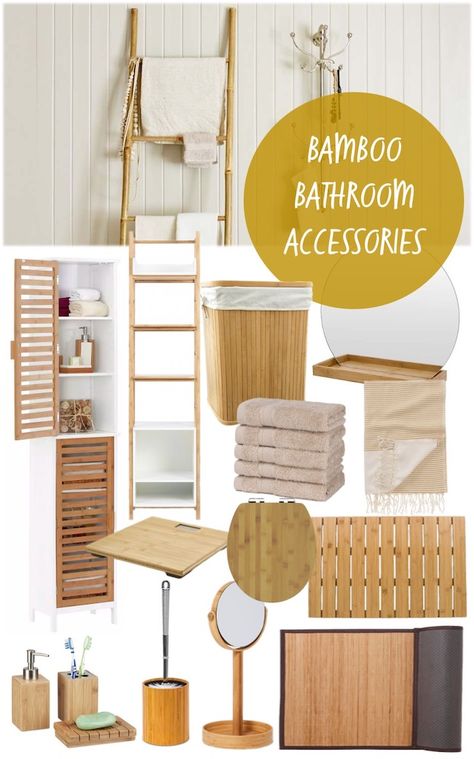 natural looking bamboo bathroom accessories mood board, products from affiliate partners Wood Accessories Bathroom, Bamboo Bathroom Storage, Bamboo Decor Bathroom, Bathroom Ideas Bamboo, Bathroom Decor Bamboo, Bamboo Bathroom Vanity, Bathroom Bamboo Decor, Bamboo Bathroom Ideas, Bamboo Bathroom Decor