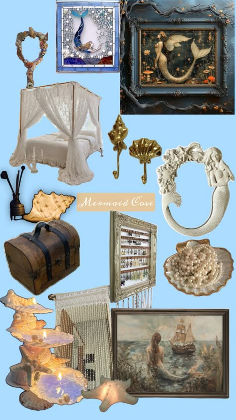 Thrift Decor Ideas, Mermaid Room Ideas, Club Roblox Codes, Goddess Oc, Goddess Of Water, Sea Bedrooms, Mermaid Cave, Thrift Decor, Ocean Bedroom