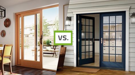 Comparing patio doors for your home? Sliding and french doors are two of the most popular patio door styles, learn about the differences in this quick article. French Sliding Doors, French Doors To Patio, Kitchen French Doors, Doors To Patio, Sliding Doors Patio, Sliding French Doors Patio, Entry Patio, Single French Door, Hinged Patio Doors