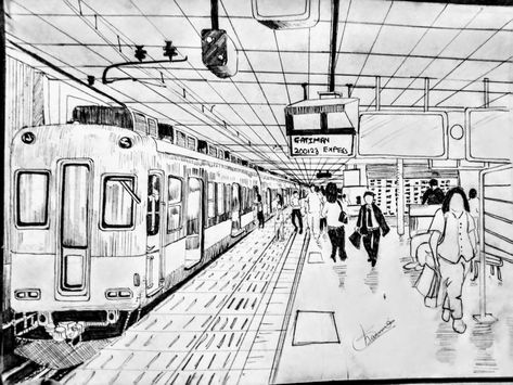 One point perspective drawing 1 Point Perspective Train Station, One Point Perspective Art Reference, One Point Perspective Illustration, One Point Perspective Railway Station, One Point Perspective Drawing Landscapes, 4 Point Perspective, Art Mindmap, Train Animation, Drawing Mood Board