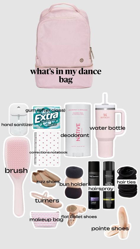 What To Put In Your Ballet Bag, What To Keep In Dance Bag, What To Have In Your Dance Bag, Things To Put In Your Dance Bag, What Is In My Dance Bag, Dance Stuff Aesthetic, Dance Packing List, What’s In My Bag Dance, Dance Recital Must Haves