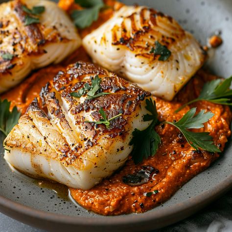 Romesco Sauce Fish, Grilled Miso Cod, Fish Vegetables Recipes, Sundried Tomato Fish Recipes, Fish Family Meals, Crusted White Fish Recipes, Fish Recipes Italian, Fish And Fruit Recipes, Fish Fall Recipes