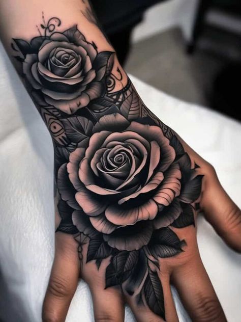 29 Traditional Rose Tattoo Designs for Timeless Personal Expression 8 Hand Tattoo Cover Up, Traditional Rose Tattoo, Herren Hand Tattoos, Cover Up Tattoos For Women, 42 Tattoo, Full Hand Tattoo, Skull Hand Tattoo, Rose Hand Tattoo, Traditional Rose