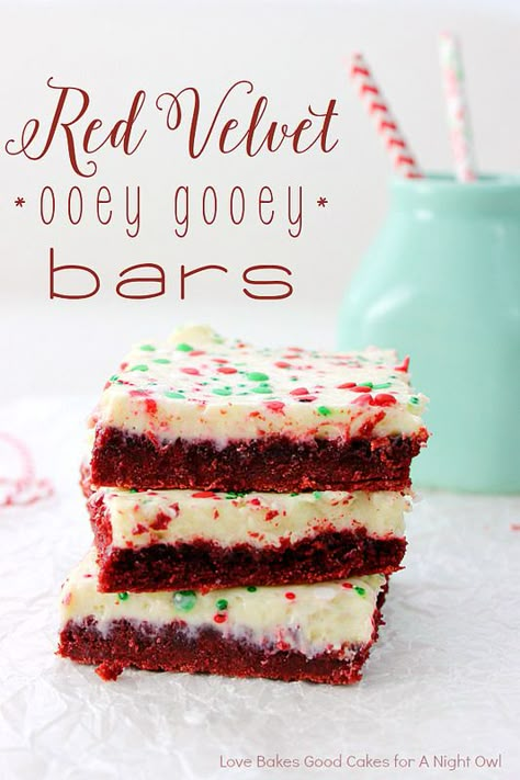 These Red Velvet Ooey Gooey Bars are easy but impressive. They're the perfect holiday treat! Red Velvet Bars, Ooey Gooey Bars, Velvet Recipes, Red Velvet Desserts, Gooey Bars, Red Velvet Recipes, Boxed Cake, Christmas Cocktail, Ooey Gooey